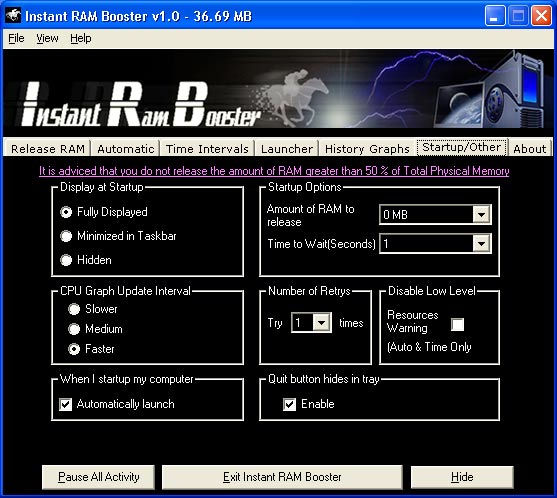 Instant RAM Booster assists you in managing the memory of your computer.